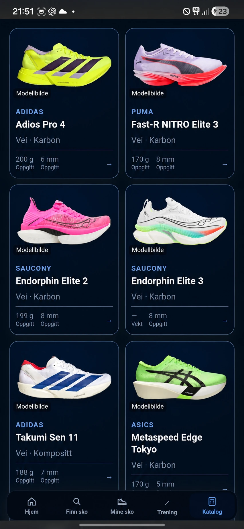 Shoe catalog preview showing four running shoe models and specifications.