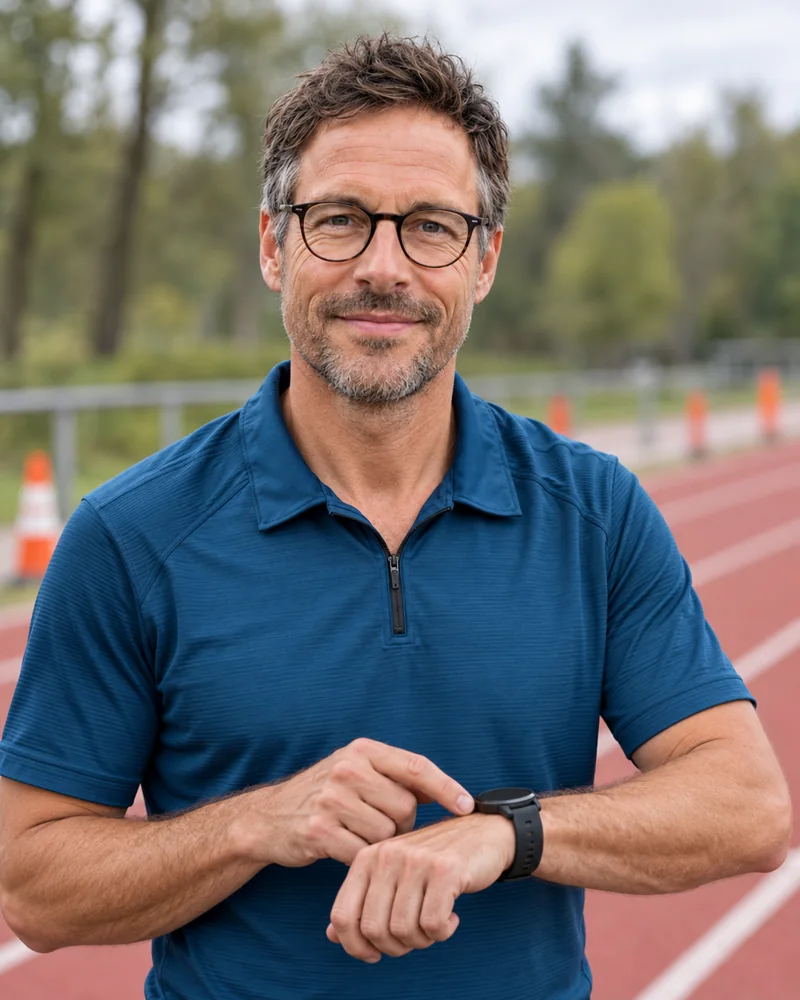 Coach Erik in a blue running shirt pointing to his running watch